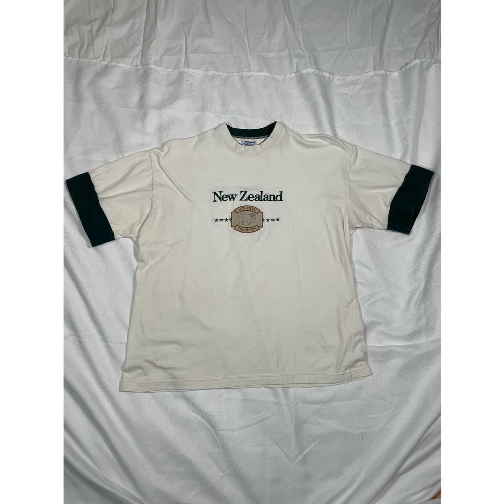 Vintage Tee New Zealand Super Shirts XXL Cap Sleeve Green White 80s Y2K